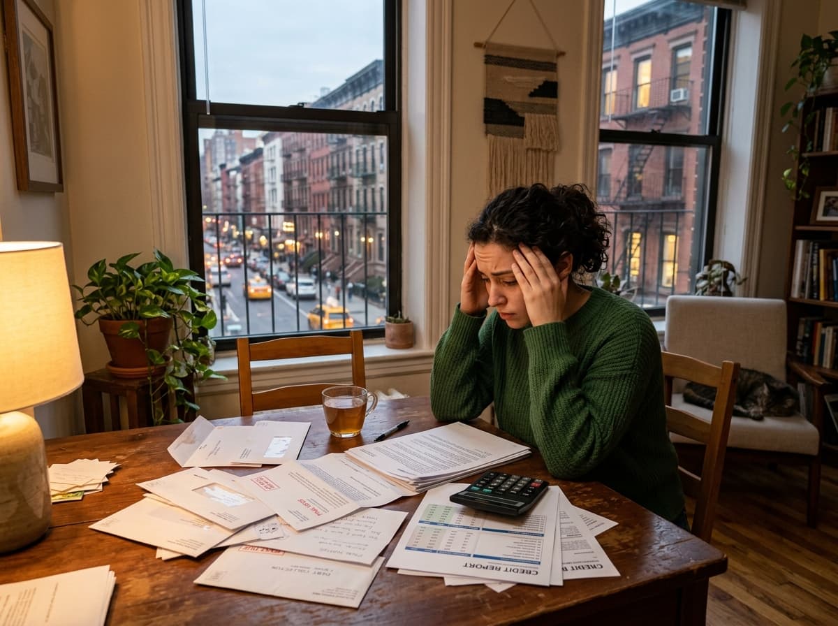 Consumer in a New York apartment reviewing financial documents with concern
